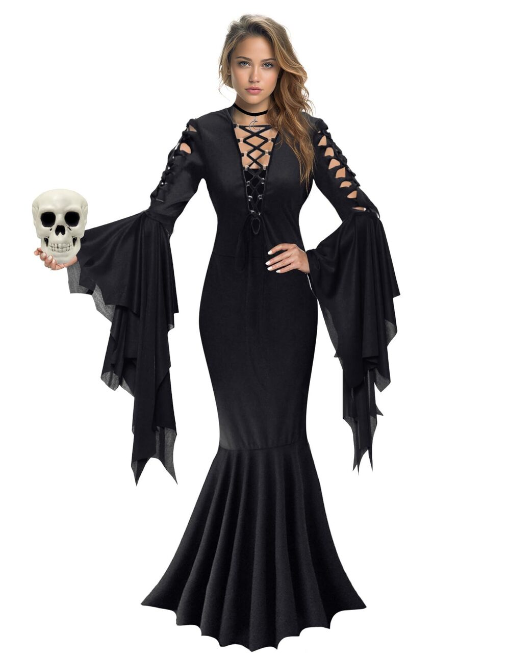 2132 Gothic Witch Costume - Black Witch Dress with Collar Choker and Skull